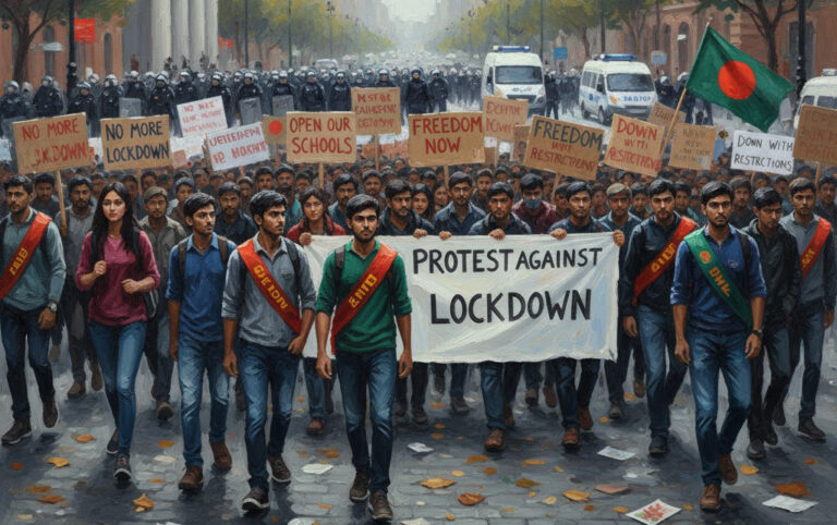 পাইকগাছায় লকডাউনের প্রতিবাদে ছাত্র জনতা ও বিএনপির মিছিল