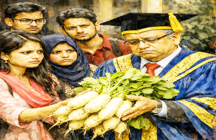 যবিপ্রবি উপাচার্যকে ‘মুলা’ উপহার শিক্ষার্থীদের