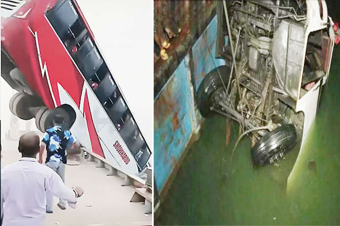 পদ্মায় বাস ডুবে দুজনের মৃত্যু : নিখোঁজ অনেক, তোলা হচ্ছে বাসটি