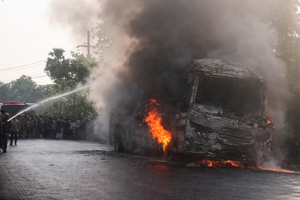 যশোরে চলন্ত বাসে যান্ত্রিক ত্রুটিতে আগুন