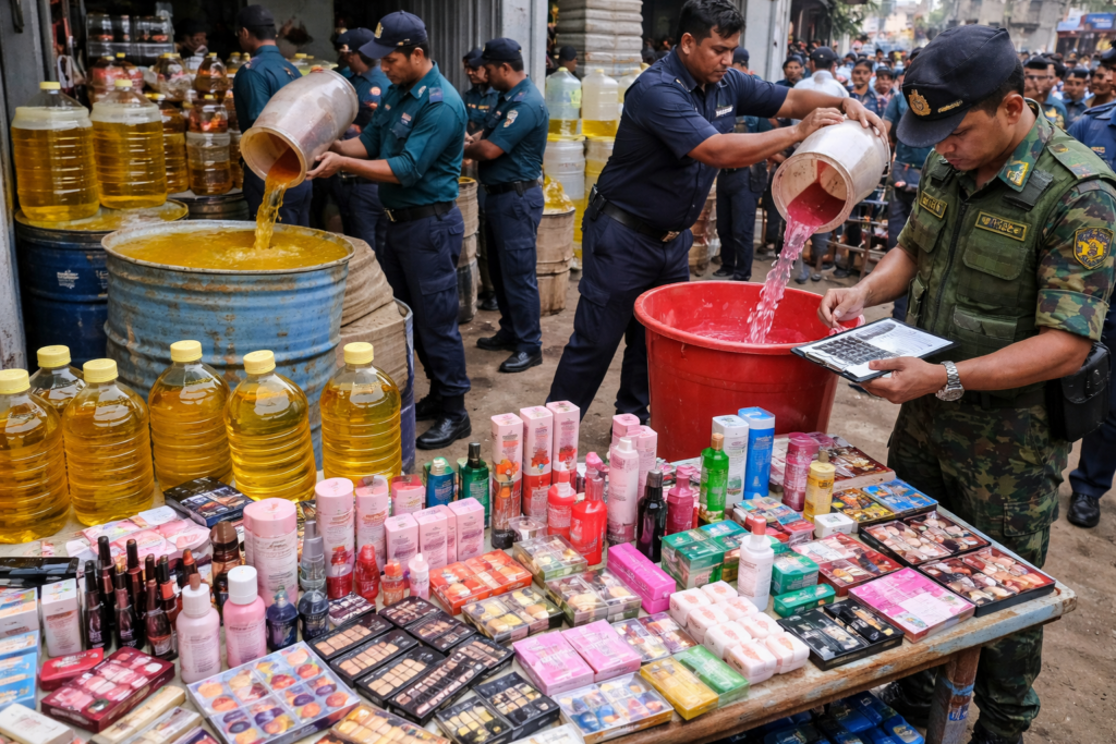 মণিরামপুরে ভেজাল প্রসাধনী তৈরি ও তেল মজুদ : দুই প্রতিষ্ঠানকে জরিমানা