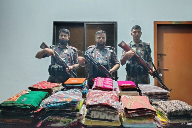 সীমান্তের অভিযানে ভারতীয় শাড়ি থ্রিপিসসহ বিপুল পরিমাণের কসমেটিক্স জব্দ