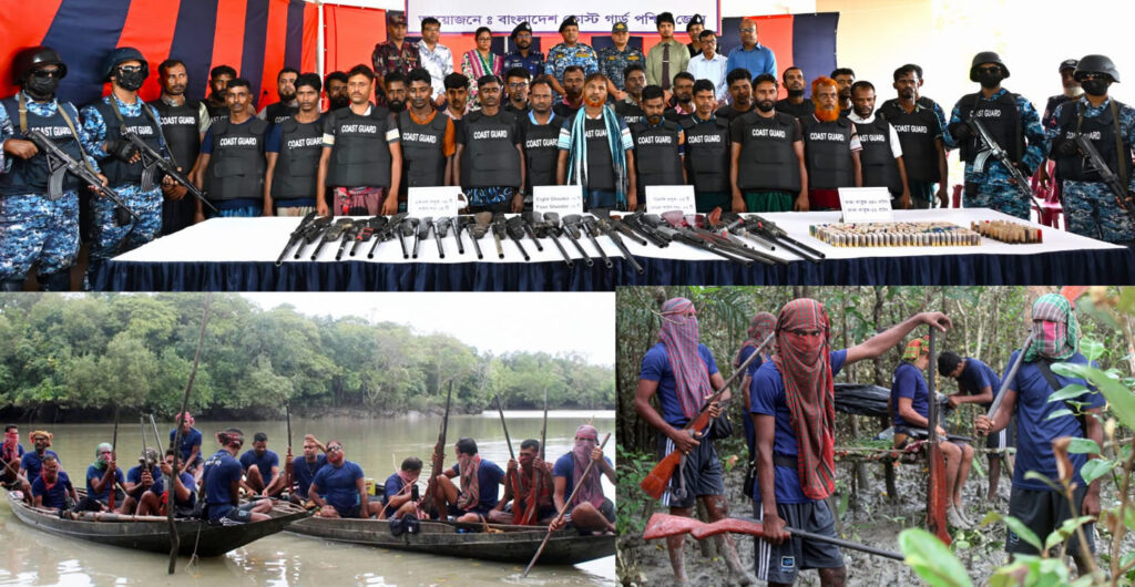 সুন্দরবনে ‘ছোট জাহাঙ্গীর’ বাহিনী প্রধানসহ ২৭ দস্যুর আত্মসমর্পণ, বিপুল পরিমাণ অস্ত্র-গুলি উদ্ধার সুন্দরবনে ‘ছোট জাহাঙ্গীর’ বাহিনী প্রধানসহ ২৭ দস্যুর আত্মসমর্পণ, বিপুল পরিমাণ অস্ত্র-গুলি উদ্ধার